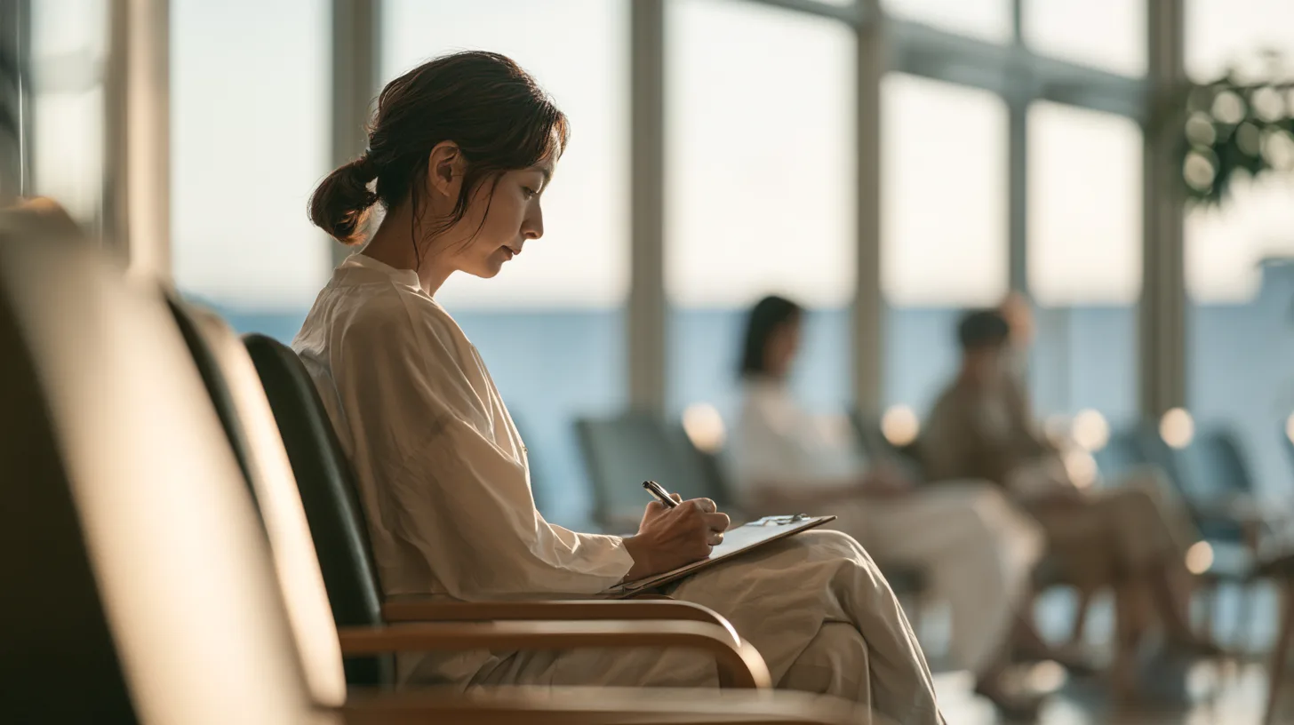 皮膚科の待合室で問診票を書く40代女性