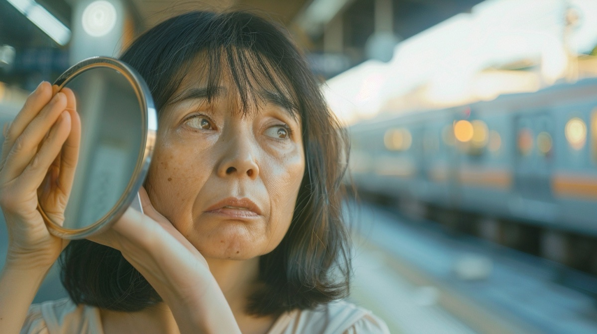 夏の朝、鏡の前で汗でうねった前髪を直す40代女性