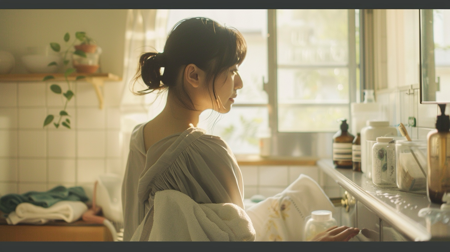 洗面台で朝の支度をする40代女性と差し込む光