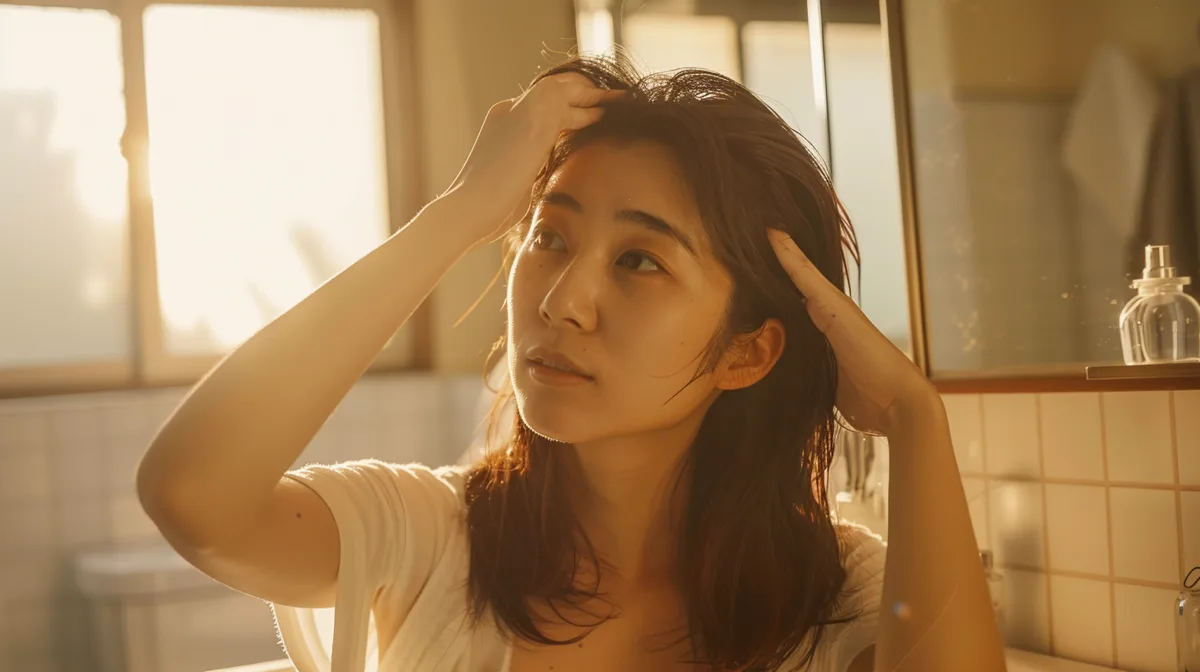 洗面所の鏡に映る分け目を見つめる40代女性