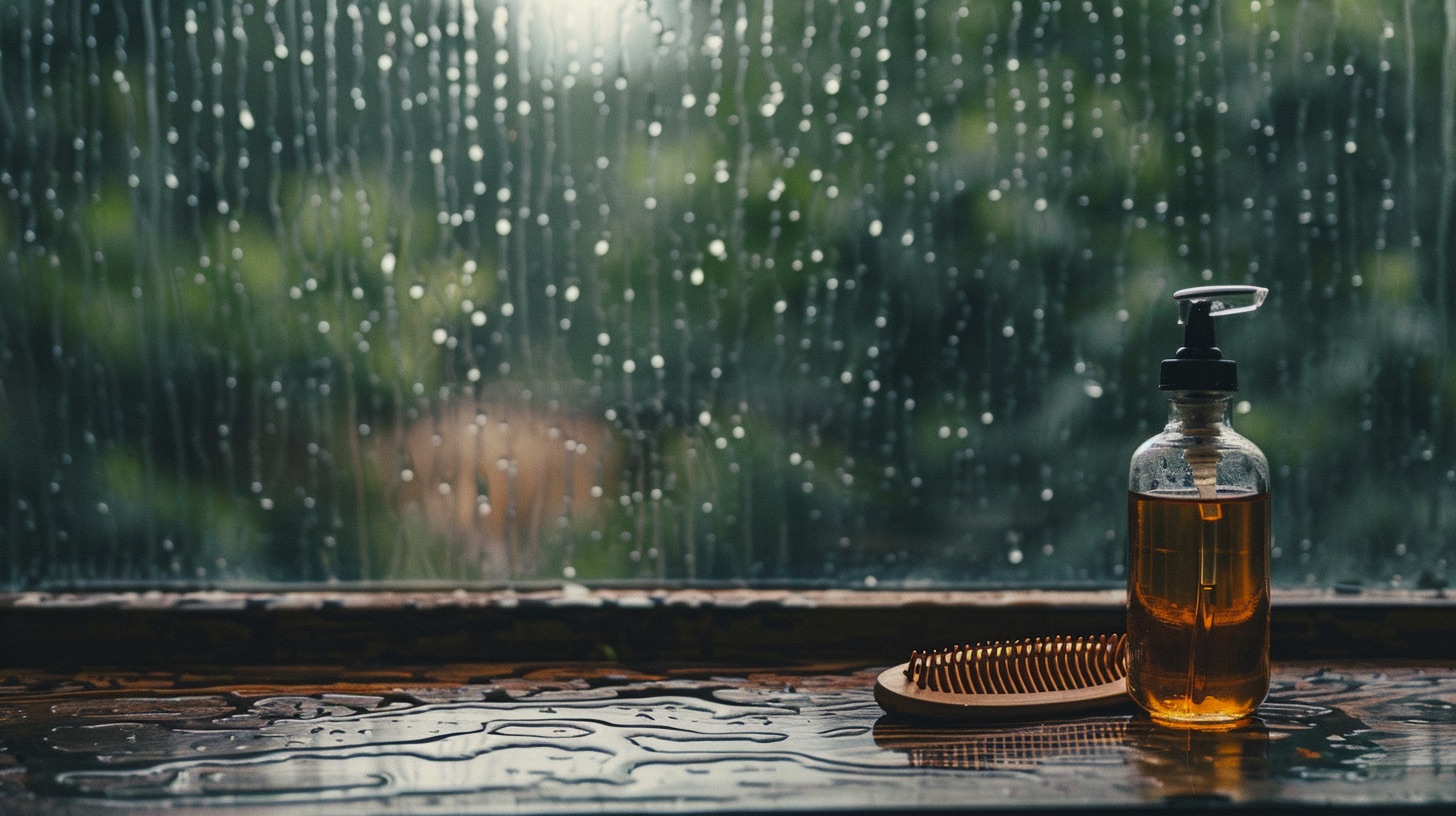 雨の窓辺とヘアオイルのボトル
