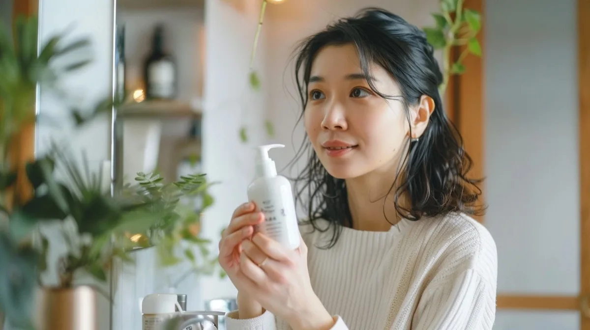 洗面台でタオルドライ後の髪に洗い流さないトリートメントをなじませる40代女性と朝の光