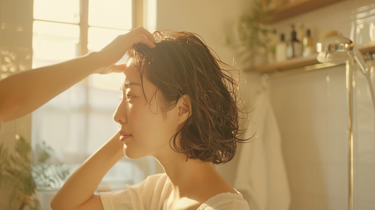 夏の朝、洗面台の鏡の前で頭皮に触れる40代女性と窓の光